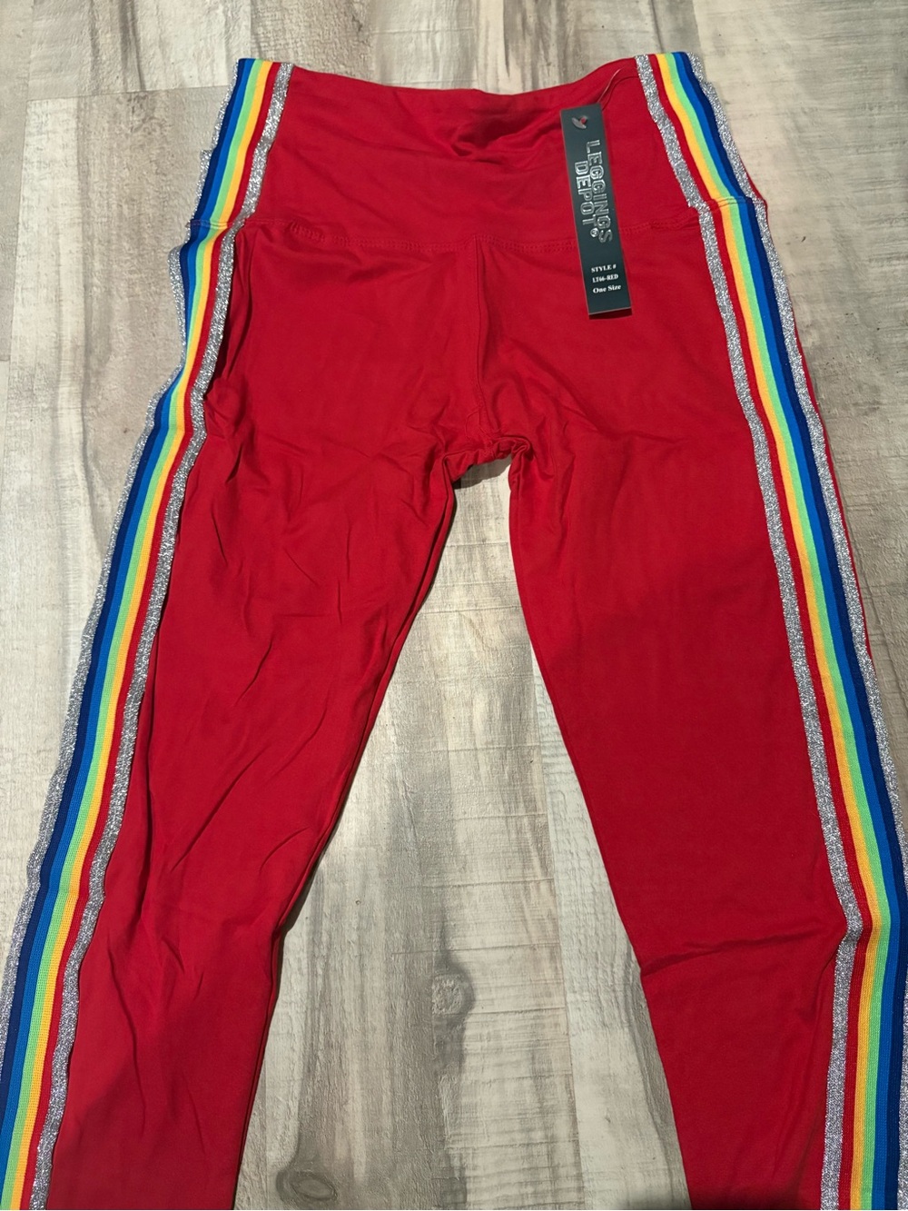 *OS NWT fits 0-14* Red Leggings with Rainbow Side Stripes